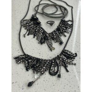 Rare Set Juicy Couture Vtg Gunmetal Pave Rhinestone 2 Necklaces 1 Ring 3 Bangles